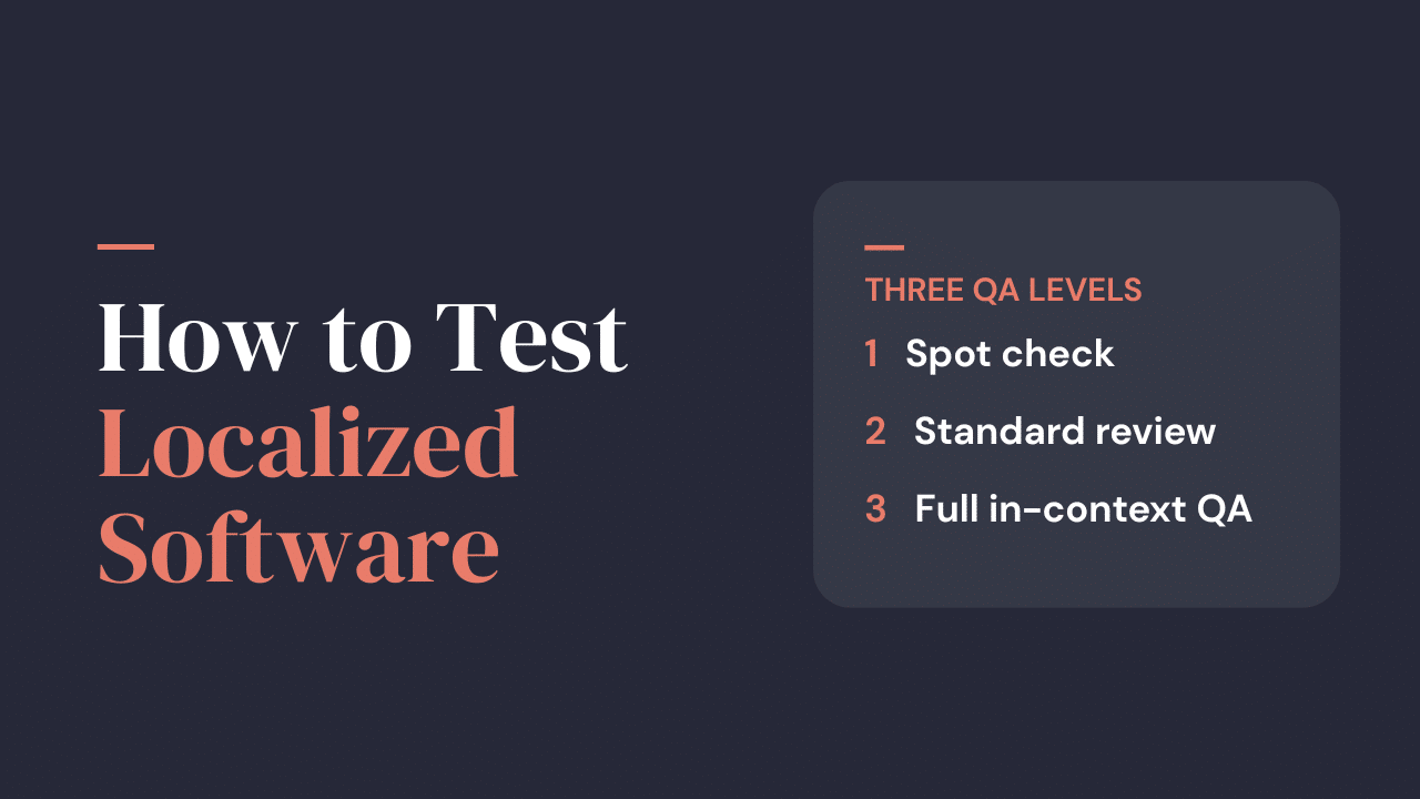 Localization QA thumbnail showing three testing levels: spot check, standard review, and full in-context QA