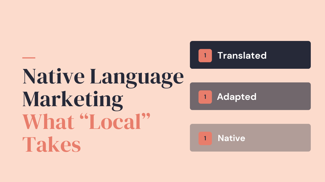 Native language marketing guide showing three levels of localization quality from translated to adapted to native