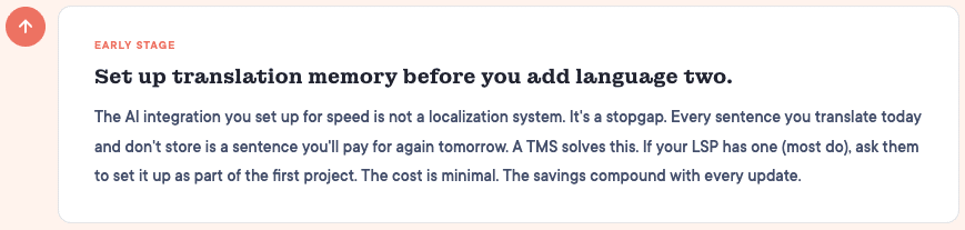 Tip for early-stage localization. Set up translation memory before adding a second language.