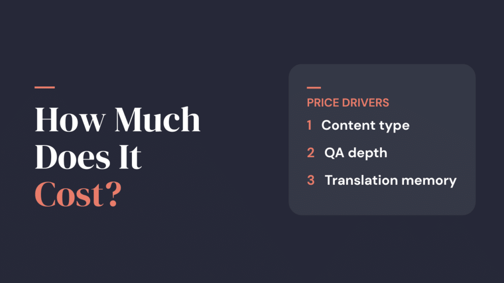 Software localization cost thumbnail showing three price drivers: content type, QA depth, and translation memory