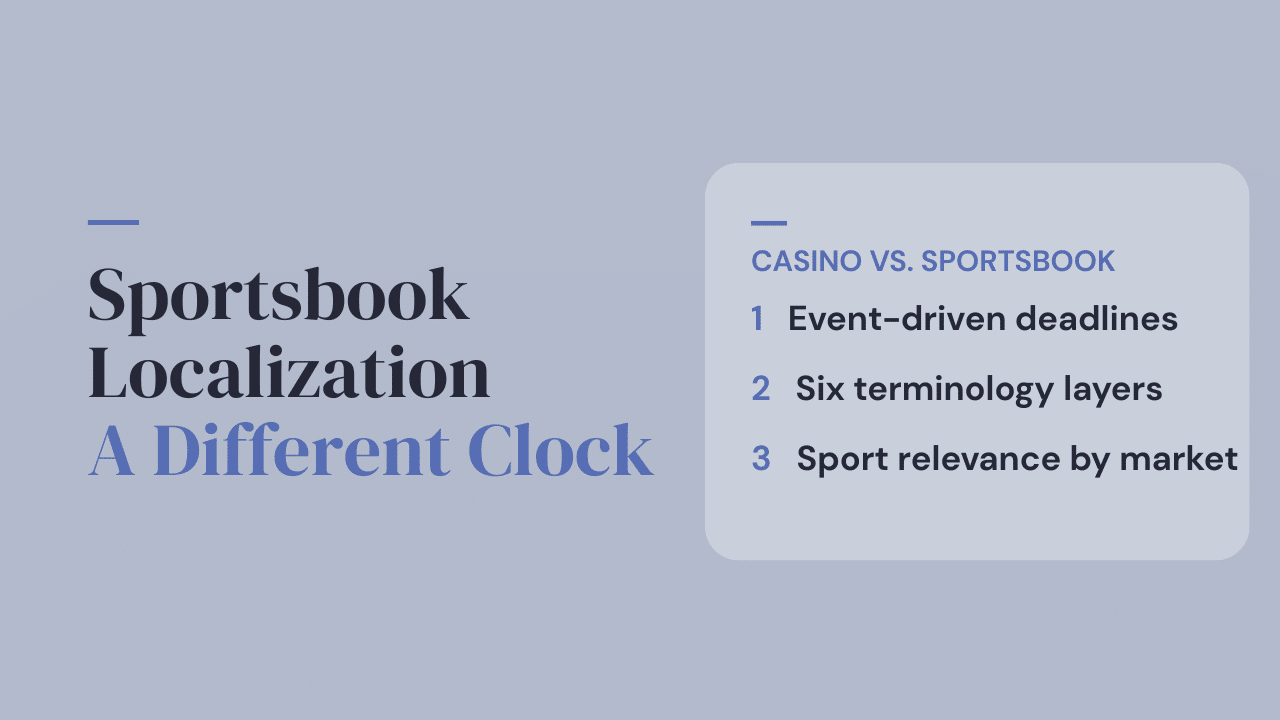 Sportsbook localization blog post thumbnail comparing casino and sportsbook content across three dimensions: content velocity, terminology depth, and sport relevance by market